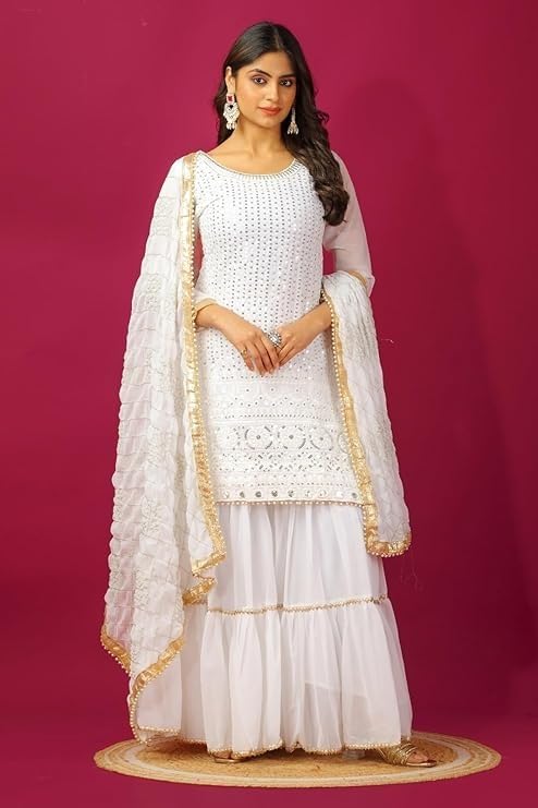 Image of Women's Designer Chinon Silk Sharara Suit Set, Sequence Embroidery Kurti with Tiered Sharara and Dupatta
