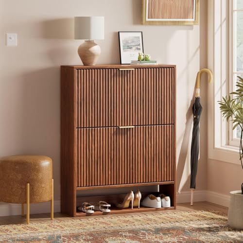 Image of Evermagin 31.5''W Walnut Shoe Cabinet Storage for Entryway, Fluted Slim Shoe Dresser with 2 Flip Drawers, Narrow Shoe Rack Cabinet, Hidden Shoe Organizer Cabinet for Entrance, Hallway