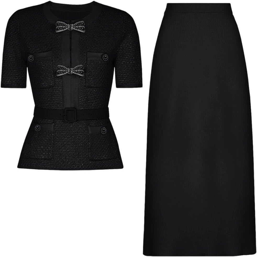 Women's Bright Silk Nail Bead Belt Top Knitted Skirt Slim Fit Set