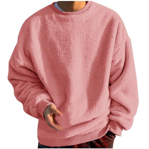 prime of day deals today 2023 clearance Sweatshirts for Men No Hood Light Weight Long Sleeve Solid Fleece Crewneck Sweatshirt Causal Fashion Shirt Tees men hoodies pullover Pink 3X