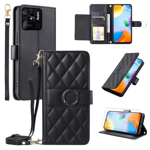 Étui Xiaomi Redmi 10C en cuir noir avec cordon et film écran