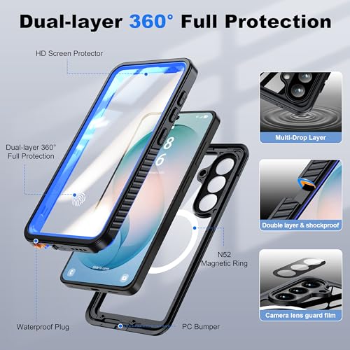 Image of ANTSHARE for Samsung Galaxy S26 Case Waterproof, Built-in Lens & Screen Protector, [Compatible with MagSafe] Shockproof Dropproof Dustproof Full Body Phone Case for S26 6.3 inch-Blue /Clear