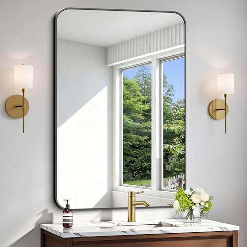 Image of Black Bathroom Mirror, 28x42 inch Aluminum Metal Frame Rectangular Vanity Mirror, Wall Mounted Rectangle Mirrors with Rounded Corner for Bedroom Living Room Hangs Horizontal Or Vertical