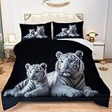 White Tiger and Cub Pattern Comforter Set Queen Size Wildlife Animal Tigers Black Background Quilted Bedding Set Soft All Season Kids Adult Bedroom Comforter with 2Pillowcases