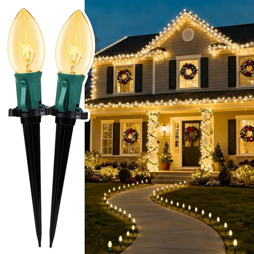 C9 Christmas Lights Outdoor, 2 Packs Total 51.4 Ft 40 Bulbs Christmas Pathway Lights, Waterproof Walkway Lights for Outside Driveway Sidewalk Outdoor Decorations Yard, Clear