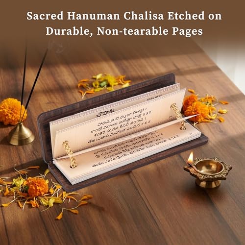 Image of Cycle Pure Hanuman Chalisa Pocket Book on Palm Leaf Motif | Non-Tearable Sheets | Sacred Text in Telugu | Hanuman Chalisa Wooden Book