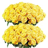 Auihiay 60PCS Yellow Roses Bulk, Yellow Velvet Silk Fake Roses