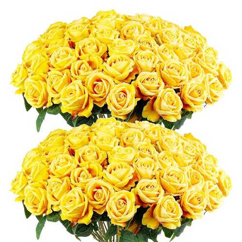Auihiay 60PCS Yellow Roses Bulk, Yellow Velvet Silk Fake Roses