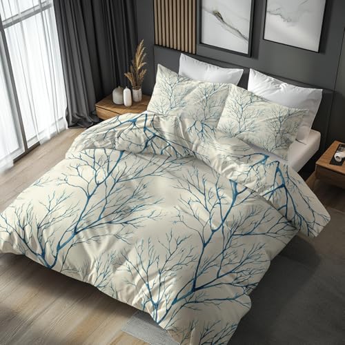 Genérico Funda Nordica Cama 90 Ramas y Hojas, Funda Nórdica Azul Beige, Ropa de Cama 150x200, Juego de Cama 3 Piezas, Funda Edredon Microfibra Y 2 Fundas de Almohada 50x75 cm - SKA9226