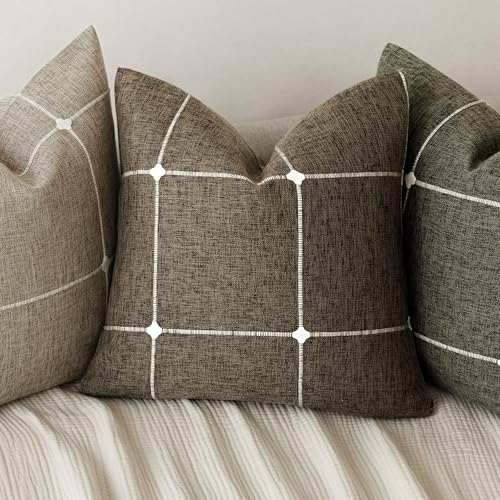 Image of Foindtower Pack of 2 Decorative Faux Linen Jacquard Check Throw Pillow Covers Farmhouse Cushion Cover with Grid Textured Accent Pillowcase for Couch Sofa Living Room Home Decor,16x16 Inch,Cocoa Brown
