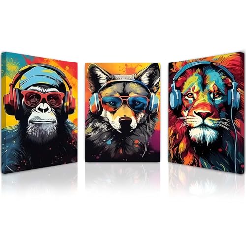 Qiukoo Set of 3 Framed Canvas Wall Art – Waterproof Modern Artwork with Hooks, Vibrant Animal Prints for Living Room Wall, Bedroom Pictures for Wall Decoration – 12x16 Inch