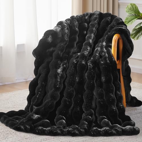 Faux Fur Throw Blanket, 1000GSM Fluffy Soft Bubble Blanket for Couch Bed, Cozy Plush Warm and Thick Blanket, Fuzzy Rabbit Lola Throw for Living Room Bedroom 50''*60'' Black