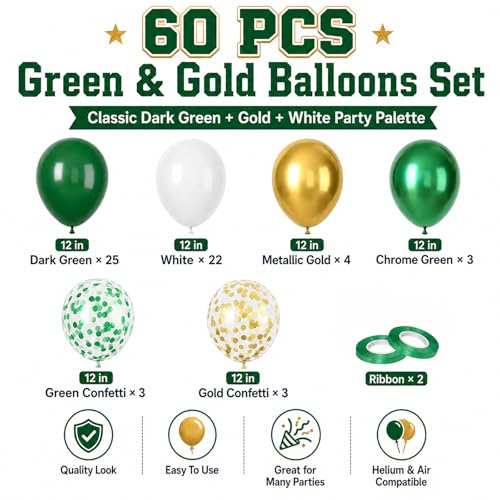 Image of Green and Gold Balloons, 60PCS Metallic Gold and Green Balloons Set, 12 Inch Metallic Confetti Latex Balloon Helium for Birthday Safari Jungle Baby Shower Anniversary Graduation Party Decor