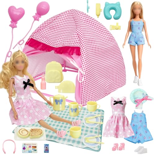 33 juegos de camping de ropa compatibles con Barbie, 1 tienda de campaña, 1 manta de pícnic, 1 falda, 1 mono, 1 sombrero, 2 globos, 2 zapatos, 13 decoraciones de mesa, 10 accesorios para muñecas de