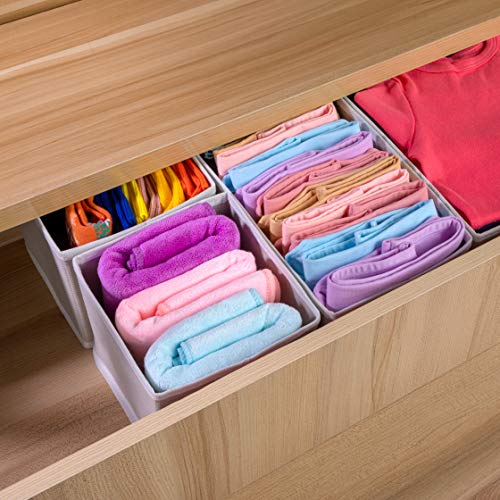 Stockyfy Foldable Cloth Dresser Drawer Organizer – Pack of 6 – Drawer Divider – Storage Box – Closet – Basket Bins for Underwear, Nursery, Bras, Socks, Clothes – Light Grey with White Piping - Thumbnail 6