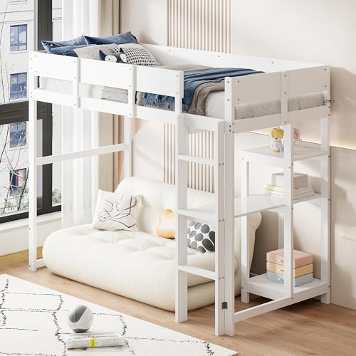 Aoskem Kinderbett Hochbett 90x200, Etagenbett Hausbett mit Leiter, Stauraum Regale und Schreibtisch, Holzbett Einzelbett Jugendbett Bettgestell mit...