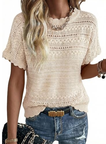 Acelitt Womens Fashion 2026 Casual Summer Crewneck Lightweight Short Sleeve Crochet Pullover Knit Sweaters Tops Khaki XL