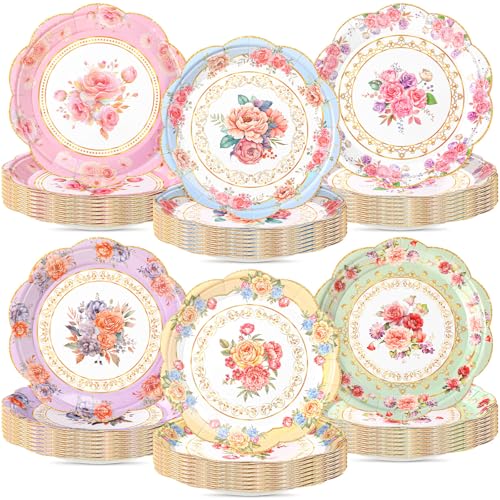 Zhehao 96 Pcs 7 Inch Vintage Floral Flower Decorative Plates Bulk Tea Party Watercolor Disposable Dessert Scalloped Paper Plates for Birthday Wedding Baby Shower Bloom Decoration Supplies, 6 Styles