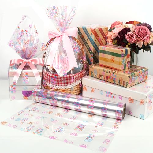 Image of JOYIT 100' Long X 35 inch Wide Happy Birthday Cellophane Wrap Roll - 3 Mil Thick Clear Cellophane Roll, Birthday Cellophane Bags Large, Wrapping Paper for Flower Gift Baskets Wrap (35 inch fold into 17.5 inch)