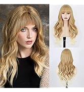 LINGHANG Long Blonde Wig with Bangs,Long Blonde Ombre Wigs for Women,Natural Wavy Long Wigs Heat ...