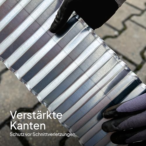 UNIGARDIA Rasenkante Verzinkt 12 m - Beeteinfassung aus Metall 15 cm hoch - Einfache Montage, Rostfrei und Langlebig - Flexible Beetumrandung, 1 Paar Montagehandschuhe inklusive