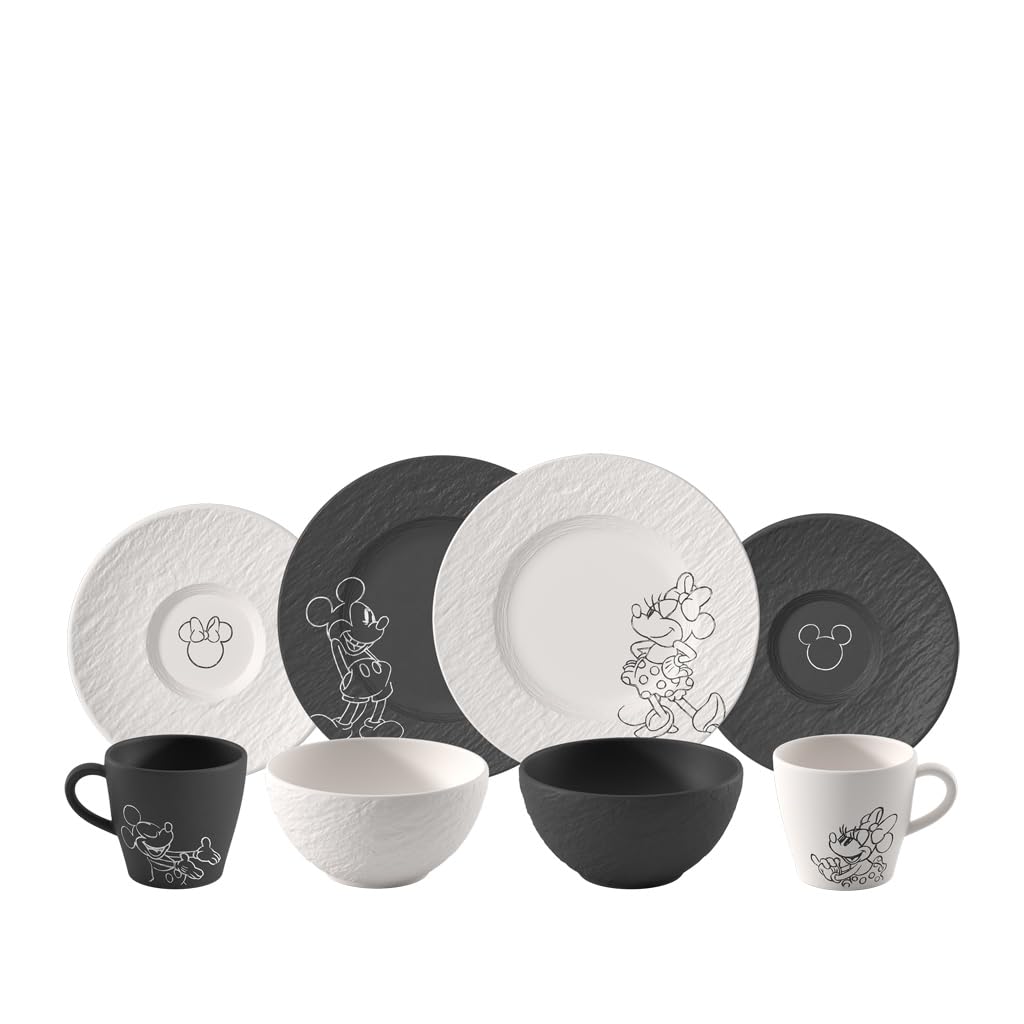 Villeroy & Boch Manufacture Rock – Mickey Mouse – Frühstücks-Set, 8-teilig, schwarz/weiß, spülmaschinenfest & mikrowellensicher, Schieferoptik mit Disney Mickey Mouse Kreidedekor, Premium Porzellan