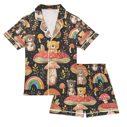 senya Mushroom Bear Rainbow Satin Summer Pajama Sets Silk Short Sleeve Button Down Sleepwear