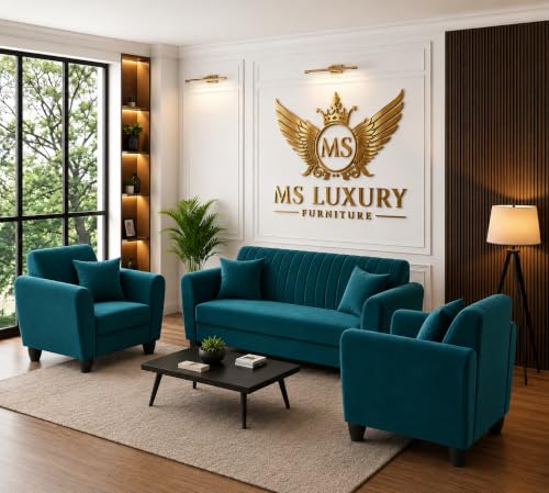 Image of MS Luxury FURNITRE Premium Luster 3-1-1 Sofa Set | 3 Seater | 5 Seater | Velvet Suede Fabric | 7 Colours with Sollid fibare Legs & 4 Cushion Free. (Teal, 3+1+1)