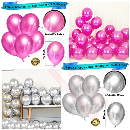 Image of Propsicle Happy Birthday Pink Princess Theme Foil Crown Balloon Bouquet With Silver Happy Birthday Letter Balloon & Pink | Silver Metallic Balloon - Pack of 52