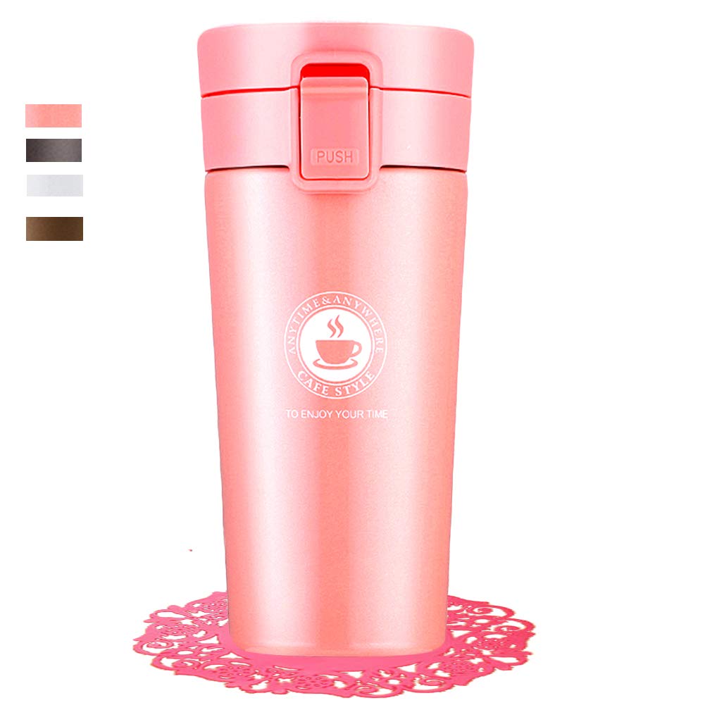 Coffee Cup Thermos Flask Double Wall Vacuum Insulated Travel Mug Stainless Steel Vacuum Mug, Portable Leakproof Drinking Cup Vacuum Bottle with Lids for Men and Women Cold or Hot Drinks (Pink)