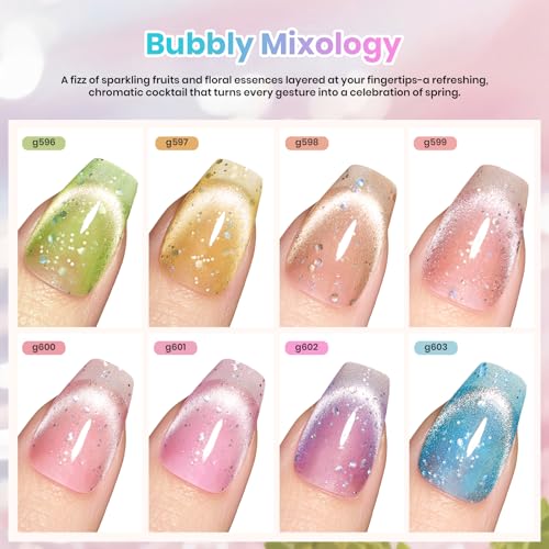 Image of Beetles Bubbly Mixology Cat Eye Gel Nail Polish Set - 8 Colors Pastel Spring Shimmer Glitter Gel Polish Kit Pink Blue Orange Green Yellow Purple Velvet Gel Soak Off UV DIY Manicure Gift for Women