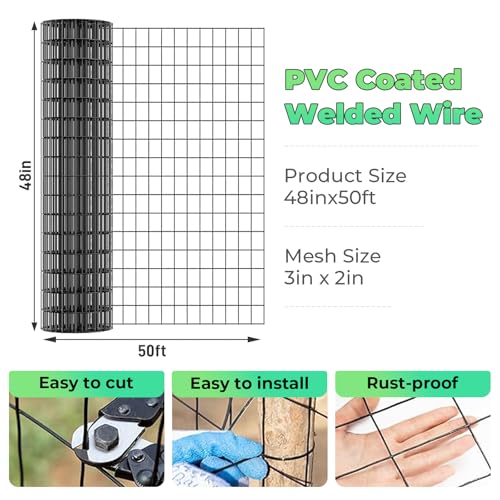 Image of 16GA Black PVC Coated Welded Wire Fencing 48 Inch x 50 Foot, 2 Inch x 3 Inch, Garden Border Fencing Roll Vinyl Coating Metal Wire Mesh for Yard Vegetable Plant Protection Poultry Netting