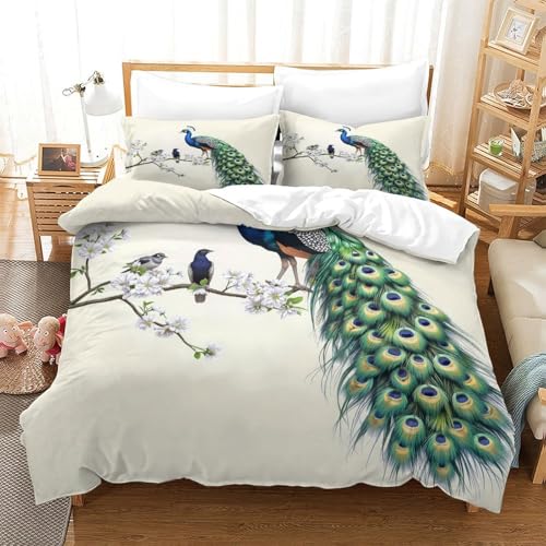 Housse de couette 140x200cm paon perché 3d en microfibre résistante avec fermeture éclair