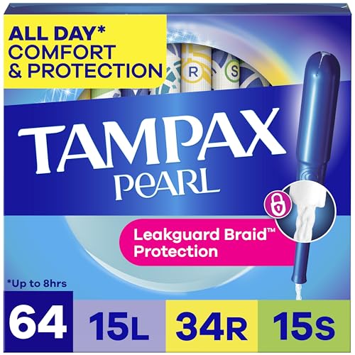 Image of Tampax Pearl Tampons Tampons with Leak-Proof Braid, Lightweight /Regular /Super Absorbent, Unscented (Pack of 64)