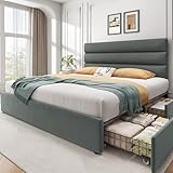 Lifezone Queen Bed Frame with Storage Drawers, Queen Size Platform Bed Frame with Velvet Upholstered Headboard, Metal Support, No Box Spring Needed, Noise-Free, Easy Assembly, Bedroom Furniture, Grey