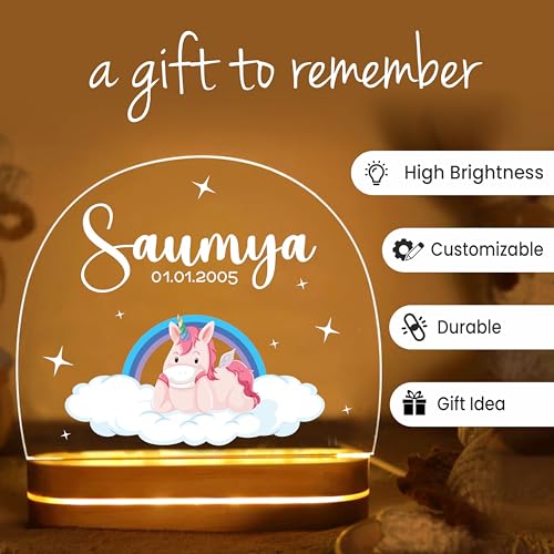 Image of PRINTHUA Plastic Personalized LED Night Table Lamp with Custom Name,Unique Gift for Women,Men,Kids,Girlfriend,Boyfriend,Husband,Wife,Perfect for Birthdays,& Special Occasions (Cute Unicorn),White