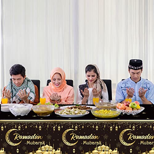 Image of 1PC Ramadan Mubarak Tablecloths Eid Mubarak Table Decorations Ramadan Kareem Party Supplies Black and Golden Rectangle Table Cover for Eid Al-fitr Party Favors