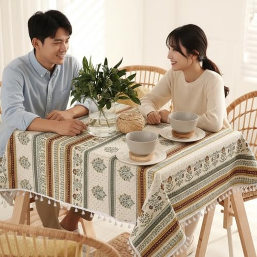 Image of RRC Microfiber Cotton Dining Table Cover 60 x 90 Inch for 6 Seater, Pack of 1 Rectangular Printed Table Cloth with Tassels, Washable Centre Table Cover, Durable & Fade Resistant