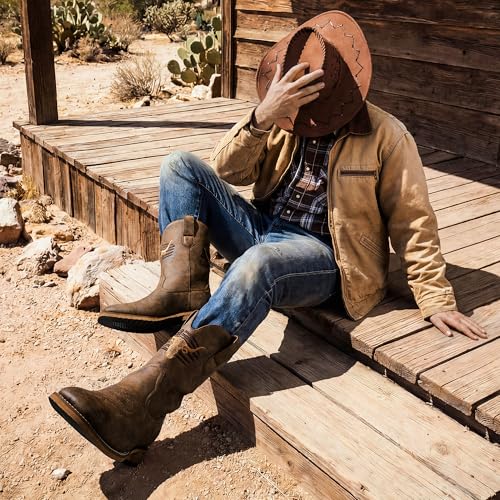 Winbird Cowboy Boots For Men Square Toe Western Men's Boots Vegan/Genuine Leather with Classic Patriot Pull On Boot, Slip Resistant Country Boots Chunky Heel Short Boots for Spring Fall - Image 3