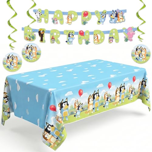 Bluey Birthday Banner and Bluey Tablecloth with Hanging Swirls - Bluey Birthday Decorations and Party Supplies - Officially Licensed