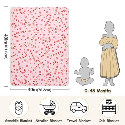 Image of Candy Cane Christmas Pink Baby Blankets Soft Warm Crib Stroller Blanket for Toddler Newborn Girls Boys, 30x40in