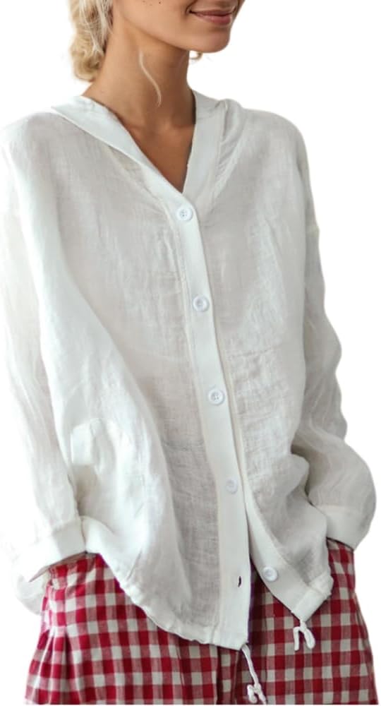 Women’s Cotton Linen Hooded Solid Color Button Down Cardigan Jacket Long Sleeve Lightweight Loose Cover Up with Pocket