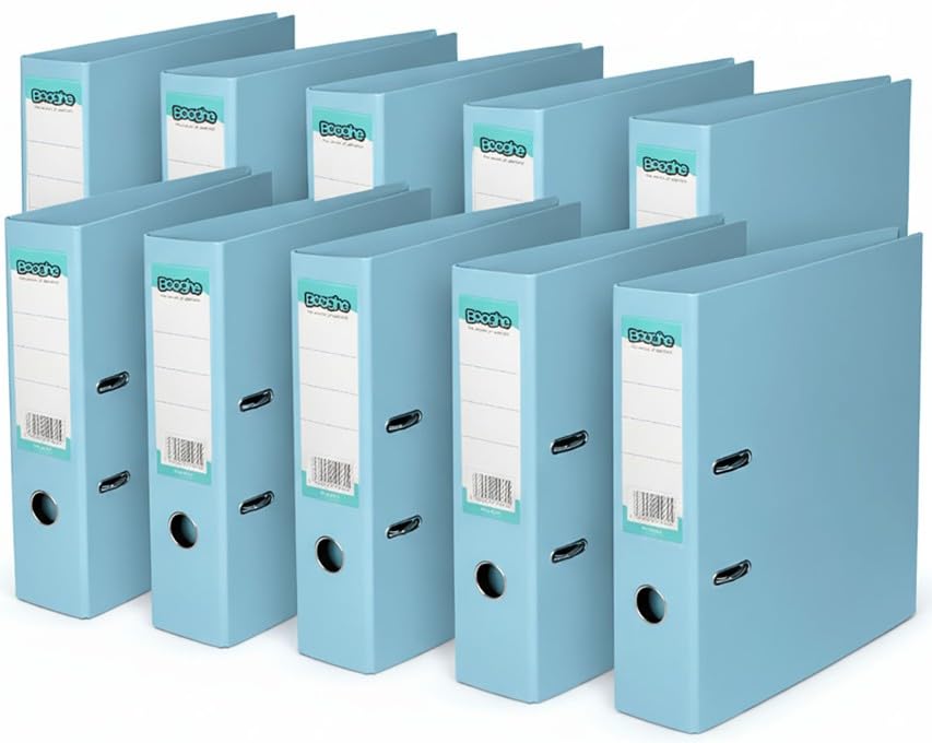 Booghe A4 Lever Arch File with Protector – Single, 4 or 10 Pack – Sky Blue, Pink, Lavender, Aqua – Heavy Duty Office Filing & School Binders (10, Sky Blue)