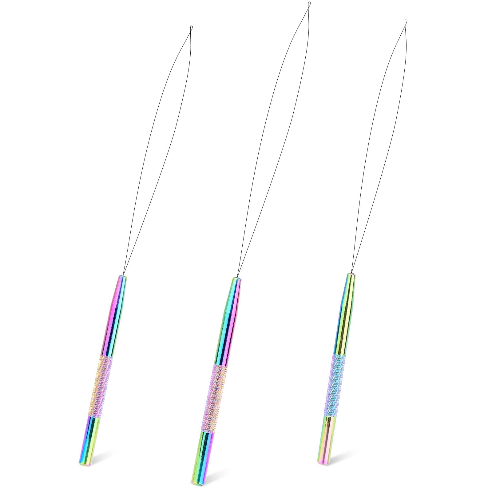 NEWISHTOOL Stainless Steel Hair Extension Loop Needle Threader Wire Pulling Hook Tool and Bead Device Tool, Micro Link Tool Loop Threader for Hair, Silicone Beads, Feather Extensions Supplies, Pack 3