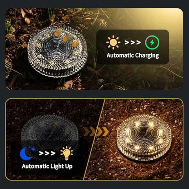 Glass Solar Pathway Lights with Bubble Style, Modular-Design Waterproof In-Ground Light for Patio Pathway Lawn Yard Deck Walkway, Decorative Disk Lighting for Garden Bed, Warm White (8 Pack)