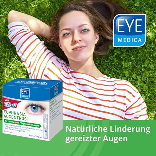 EyeMedica Euphrasia Augentropfen gegen trockene Augen und gereizte Augen, Befeuchtung, Linderung und Pflege, mit Hyaluron, 30 x 0,4 ml Einzeldosen