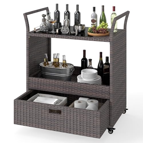 GIANTEX Chariot de bar d'extérieur avec roues, chariot de service en rotin avec étagère en verre...