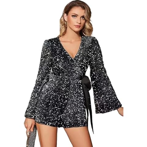 UNIQUE 21 Women Sequin Romper One Piece Shiny Wrap V Neck Shorts Jumpsuit Deep V Neck Long Sleeve Disco Dance Outfits (Black, XX-Large) Cover