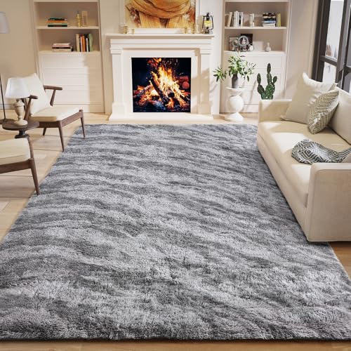 HOMORE Living Room Rug 6x9 Grey Rugs for Bedroom, Tie-dye Area Rug Large Fluffy Rugs for Kids Room, Non Slip Furry Carpet for Nursery Boys Girls