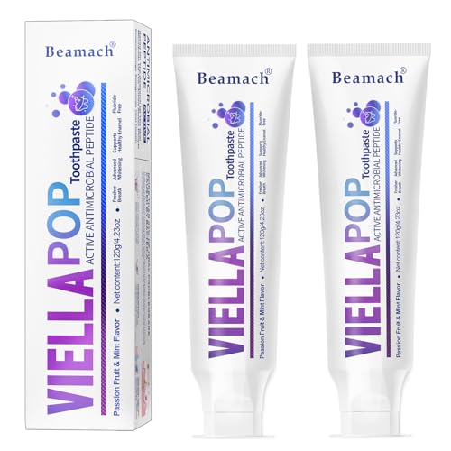 Image of VIELLA POP Antimicrobial Peptide Whitening Toothpaste - Purple Toothpaste for Teeth Whitening | Color Correcting | Brightens Yellow | Enamel Protection | Passion Fruit & Mint Flavor (2pcs)